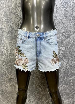 New look denim шорты 38 s-m размер женские джинсовые голубые с принтом