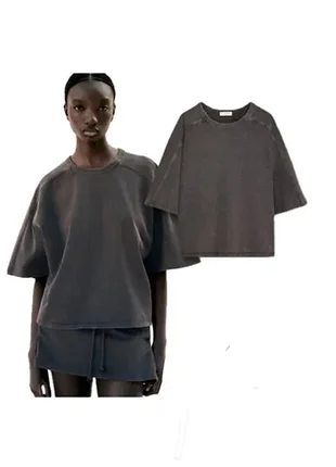 Жіноча футболка washed effect zara, колір сірий антрацит варенка