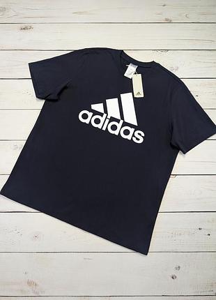 Чоловіча темно синя базова коттонова футболка з великим лого adidas адідас оригінал
