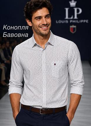 Чоловіча сорочка louis philippe біла (принт) l бавовна/коноплі
