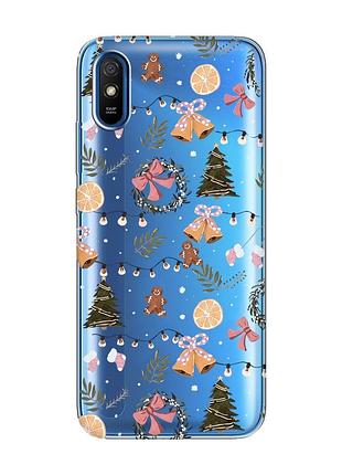 Прозрачный чехол на xiaomi redmi 9a новогодний фон (принт 425)