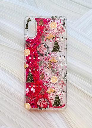 Чохол з плаваючими рожевими блискітками на xiaomi redmi 9a новорічний фон (принт 425)