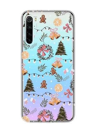 Прозрачный чехол на xiaomi redmi note 8 новогодний фон (принт 425)