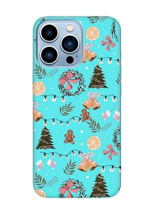 Матовый бирюзовый чехол на apple iphone 13 pro max новогодний фон (принт 425)