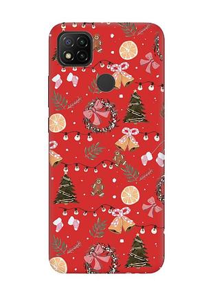 Матовый красный чехол на xiaomi redmi 9c/10a новогодний фон (принт 425)