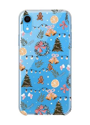 Прозрачный чехол на iphone xr новогодний фон (принт 425)