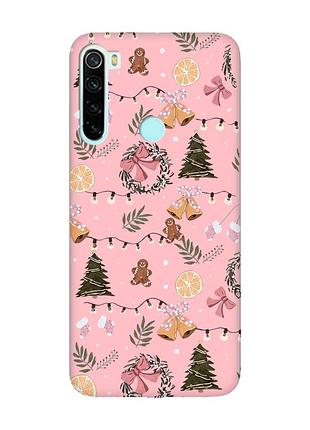 Матовый розовый чехол на xiaomi redmi note 8 новогодний фон (принт 425)