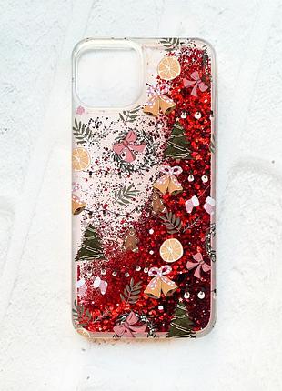 Чехол с плавающими красными блестками на iphone 13 новогодний фон (принт 425)