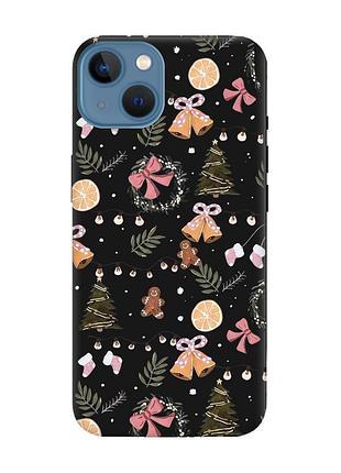 Матовый черный чехол на apple iphone 13 новогодний фон (принт 425)