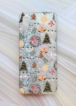 Чехол с плавающими серебряными блестками на xiaomi redmi 9a новогодний фон (принт 425)