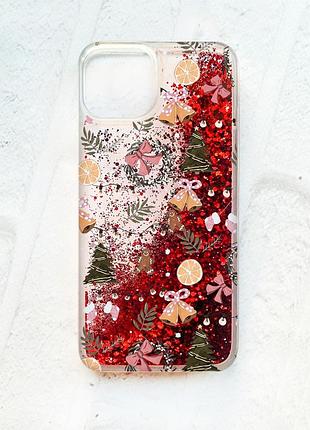 Чехол с плавающими красными блестками на iphone 14 новогодний фон (принт 425)