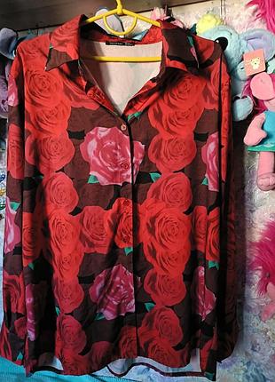 Шикарная лёгкая яркая рубашка boohoo розы алые