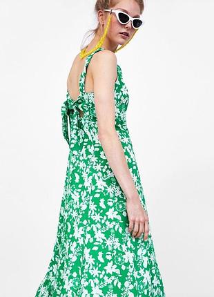 Летнее платье миди zara цветочное платье с вырезом на спине квіткова сукня міді