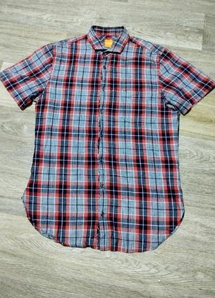 Мужская рубашка boss orange с коротким рукавом , размер s slim fit , 100% хлопок .