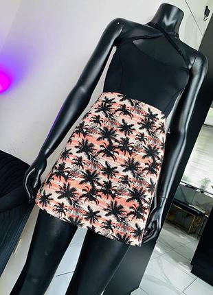 Мини-юбка topshop с тропическим принтом (пальмы), размер uk 12