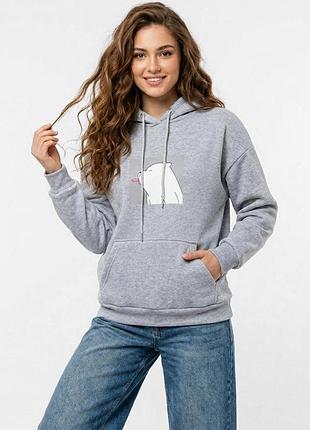 Худи женское на флисе серого цвета с принтом р.onesize 216289k