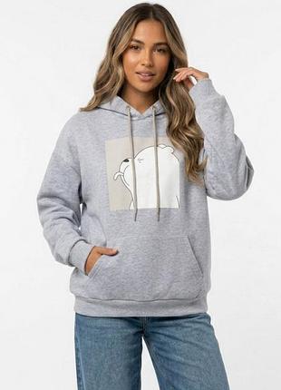 Худи женское на флисе серого цвета с принтом р.onesize 216293k