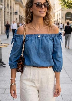 Очень красивая блузка блуза new look denim лиоцелл с открытыми плечами 12(40) р-р бренд оригинал