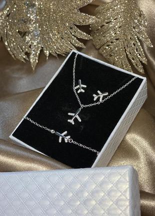Красивый женский набор из серебра браслет с самолетом серебряные серьги серебряная цепочка2 фото