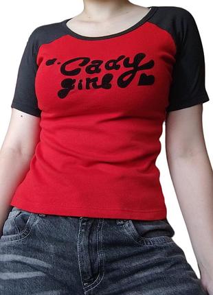 Червона футболка реглан cady girl вінтаж 90s y2k deadstock з чорними рукавами напис альт mall goth гранж розмір s m alt grunge biker core