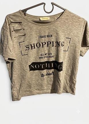 Стильна  жіноча сіра футболка-кроп «i have been shopping»