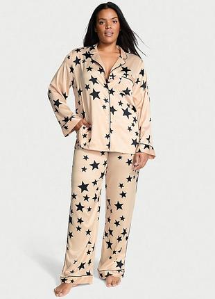 Піжама сатинова victoria's secret (2664338513789) glazed satin long pajama set stars l бежева