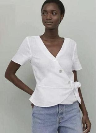 H&m біла лляна сорочка на запах белая льняная рубашка на запах