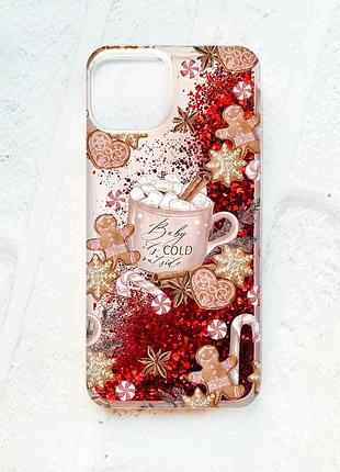 Чехол с плавающими красными блестками на iphone 14 новогодний фон (принт 426)