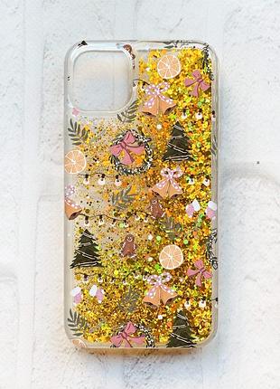 Чехол с плавающими золотыми блестками на iphone 11 новогодний фон (принт 425)