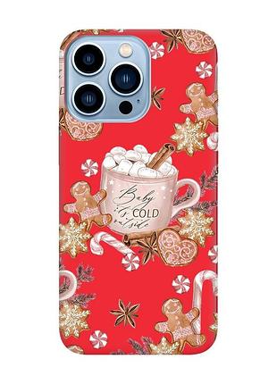 Матовый красный чехол на apple iphone 13 pro max новогодний фон (принт 426)