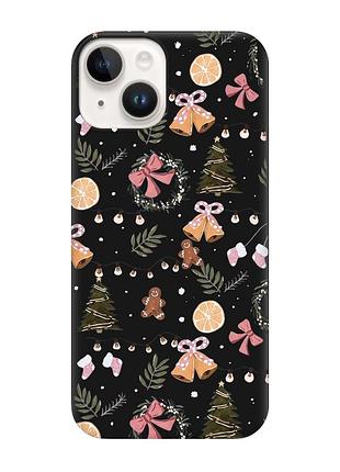 Матовый черный чехол на apple iphone 14 новогодний фон (принт 425)