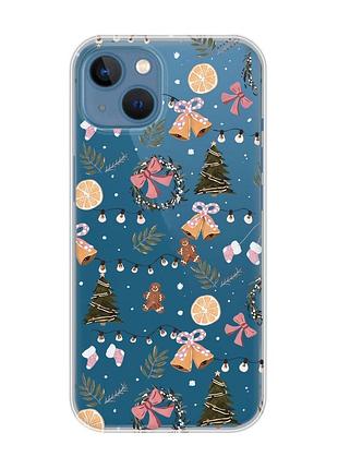 Прозрачный чехол на apple iphone 13 новогодний фон (принт 425)