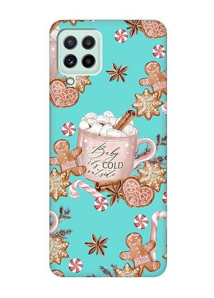Матовый бирюзовый чехол на samsung galaxy m32/m22/a22 4g новогодний фон (принт 426)