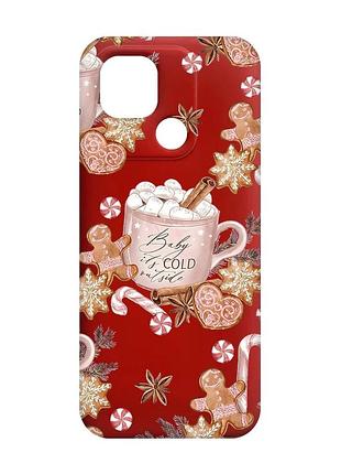 Матовый красный чехол на xiaomi redmi 10c новогодний фон (принт 426)