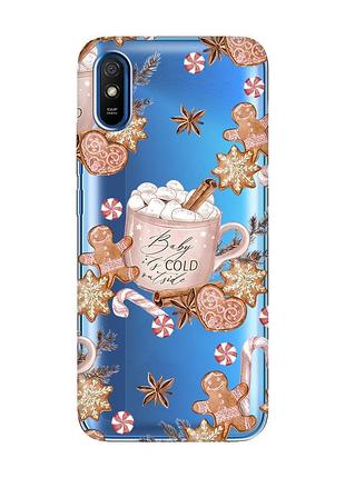 Прозрачный чехол на xiaomi redmi 9a новогодний фон (принт 426)