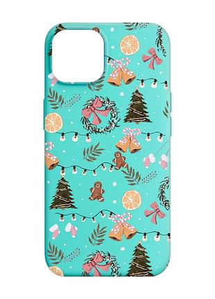 Матовый бирюзовый чехол на apple iphone 14 новогодний фон (принт 425)
