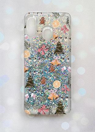 Чехол с плавающими серебряными блестками на samsung galaxy a30(2019) a305/a20 новогодний фон (принт 425)