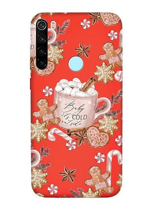 Матовый красный чехол на xiaomi redmi note 8t новогодний фон (принт 426)