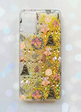Чехол с плавающими золотыми блестками на samsung galaxy a03s (a037) новогодний фон (принт 425)