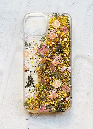 Чехол с плавающими золотыми блестками на iphone 13 новогодний фон (принт 425)