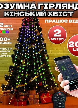 Гірлянда кольорова rgb світлодіодна led кінський хвіст з кільцем на ялинку usb з пультом ду 2 метри 10 ниток