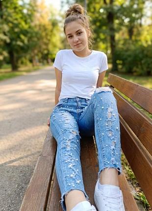 Джинсы женские с жемчужинами, стрейч, р. м-л