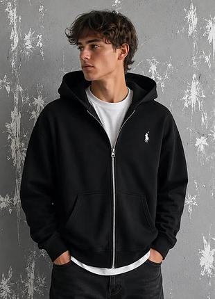 Літня кофта ralph lauren на блискавці з капюшоном чорна худі polo чоловіча оверсайз для прогулянок xl