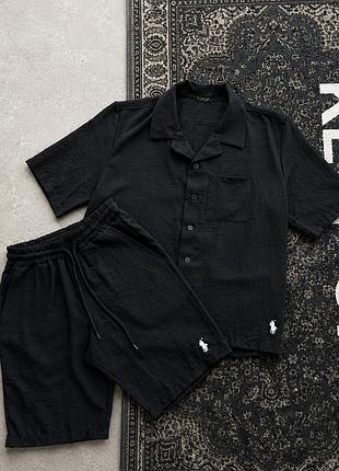 Льняной костюм polo ralph lauren чёрный, лёгкий комплект polo на лето, муслиновый костюм поло ральф лорен для мужчин m