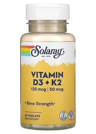 Витамин d3 и к2, vitamin d-3 & k-2, solaray, без сои, 60 растительных капсул