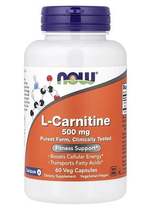 L-карнитин, l-carnitine, now foods, 500 мг, 60 вегетарианских капсул