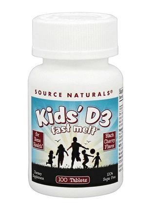 Витамин d3 для детей, kids d-3 400 iu, source naturals, вкус черной вишни, 100 быстрорастворимых таблеток