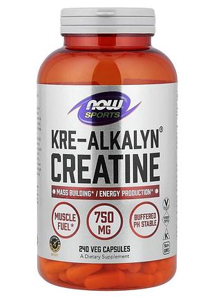 Креатин, kre-alkalyn creatine, now foods, sports, 240 вегетаріанських капсул (0,75 г на капсулу)
