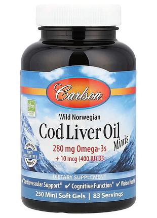 Риб'ячий жир, cod liver oil, carlson, норвезький, 250 міні гелевих капсул