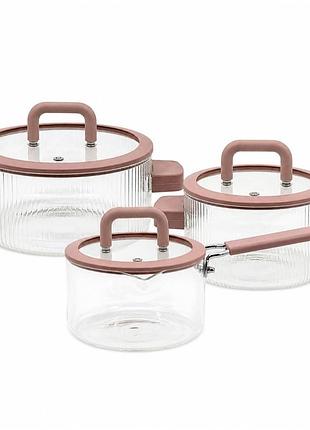 Набор стеклянных кастрюль с ковшом handled glass pot 3 предмета из термостойкого стекла